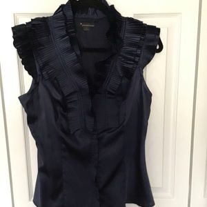 Navy Blue Pleated Ruffle Blouse